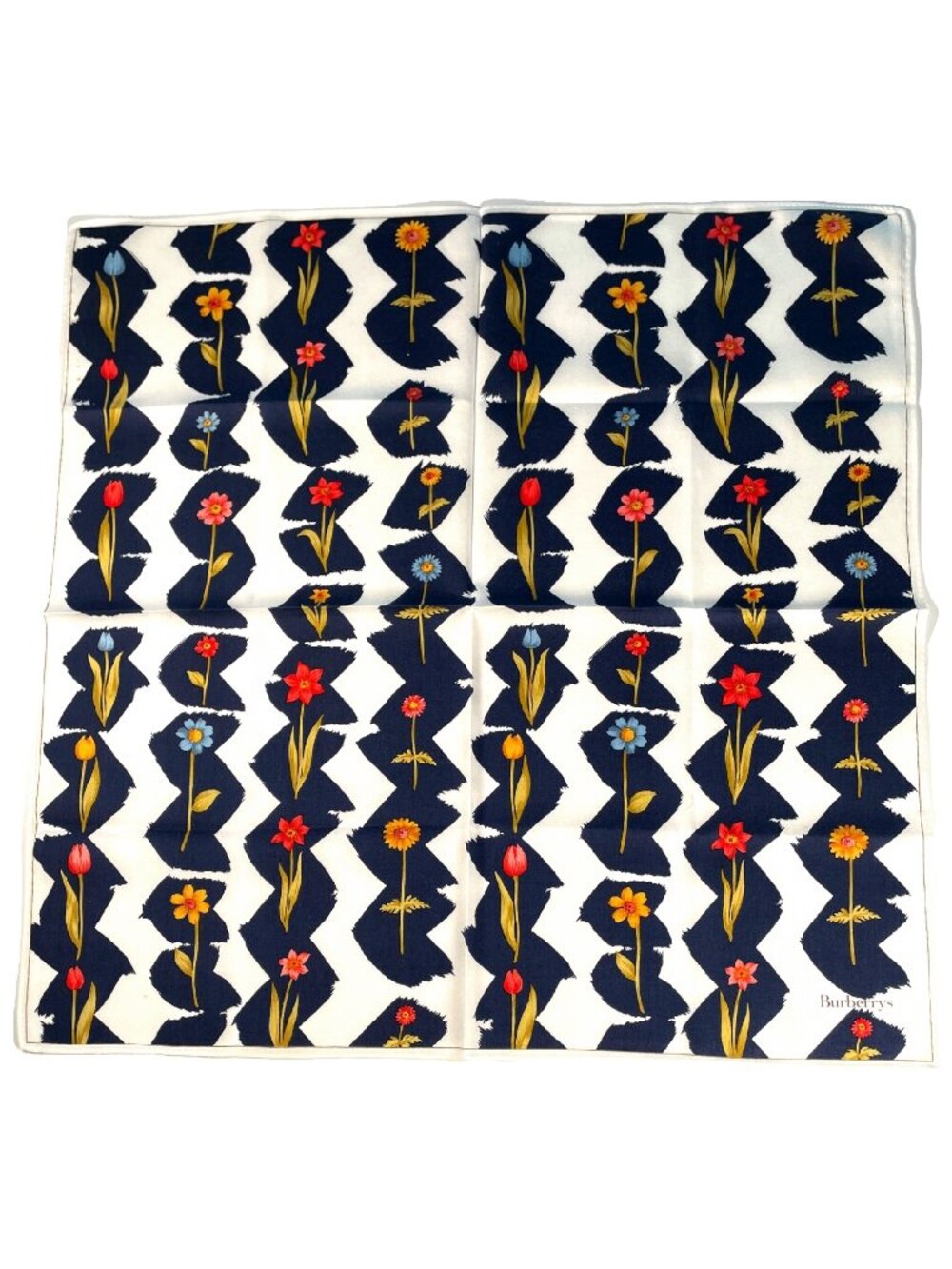Vintage Burberrys Cotton Scarf Graphic Floral Navy White Square